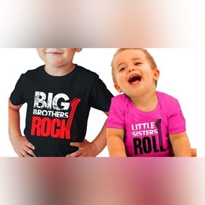 EUC Big Brothers Rock Black Tee (5/6); Little Sisters Roll Onesie (6-12 mos)